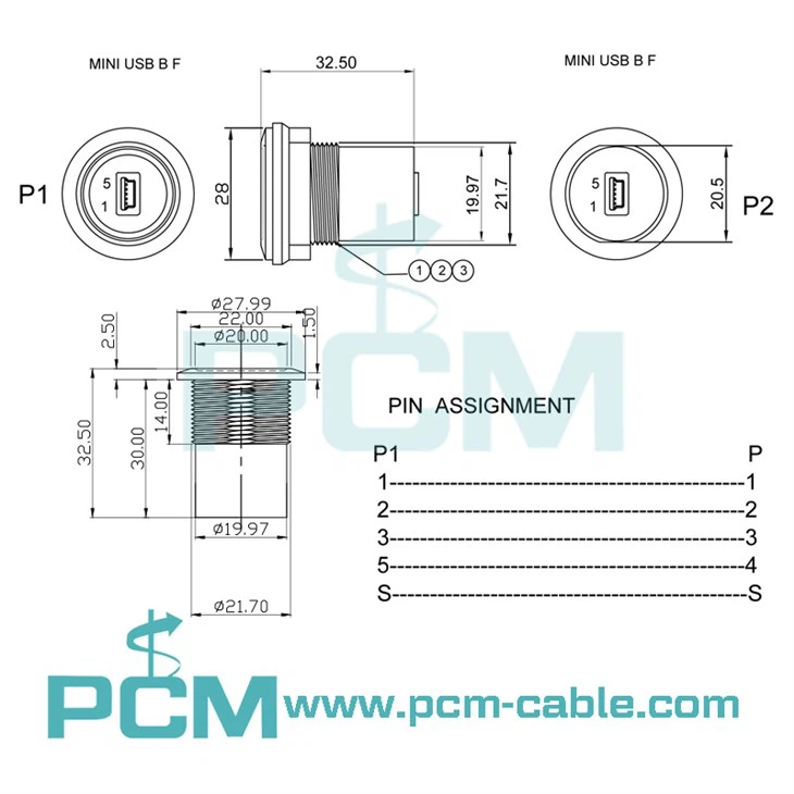 cutout size dimensions of MINI USB Panel Mount Socket